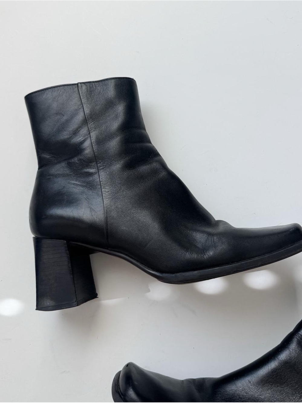Vintage 90s Black Leather Ankle Boots 9 Square Chunky Heel Nine West - Picture 3 of 6